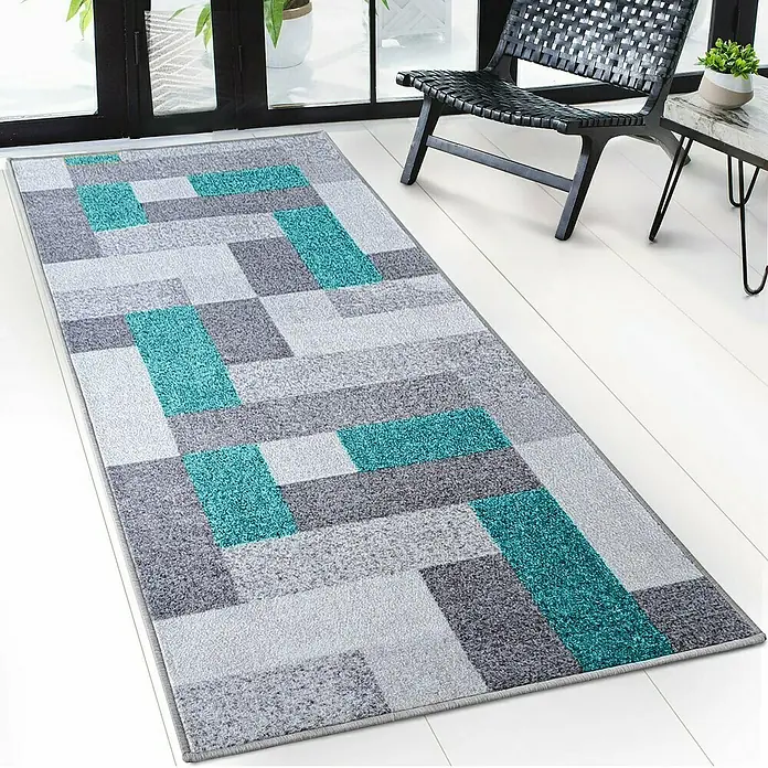 Teppichläufer New York - Türkis/Grau, 250 x 80 cm, 100 % Polyamid - Moderner Teppich mit geometrischem Muster in Grau- und Türkistönen, der einen Hauch von Stil und Farbe in jeden Raum bringt.