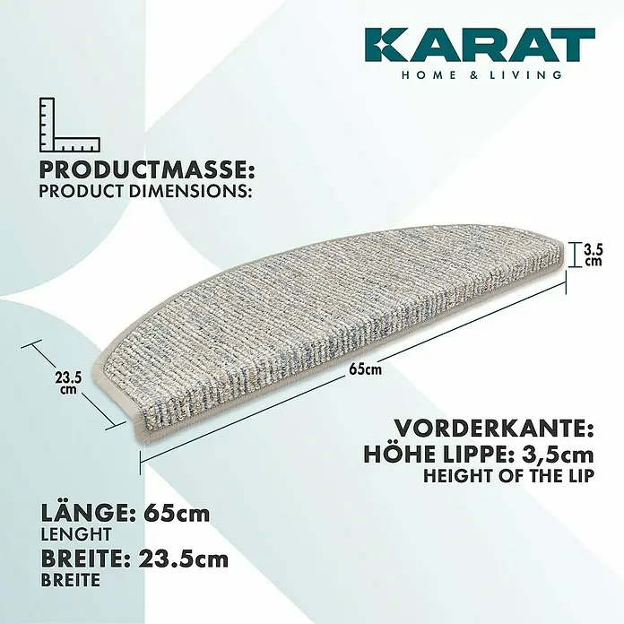 Stufenmatte Geneva - 65 x 23,5 cm, Silber, Halbrund - Produktbild mit den Abmessungen einer Teppichstufenmatte (65x23,5x3,5cm) von Karat Home & Living.