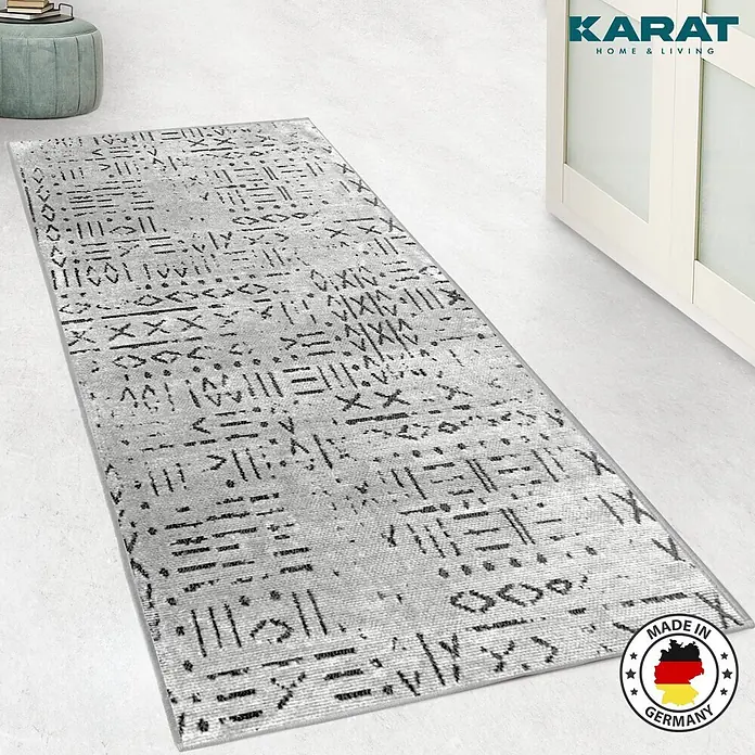 Teppichläufer Vena - Elfenbein, 100 x 80 cm, 65 % Baumwolle, 35 % Polyester - Grauer Läufer mit abstraktem Muster, ideal für moderne Wohnräume. Zertifiziert mit OEKO-TEX und Made in Germany Qualitätssiegeln.