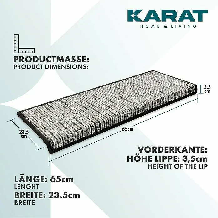 Stufenmatte Geneva - 65 x 23,5 cm, Anthrazit, Rechteck - Produktabbildung mit den Maßen 65cm Länge, 23,5cm Breite und einer Höhe der Lippe von 3,5cm, dargestellt auf einer ansprechenden Grafik.