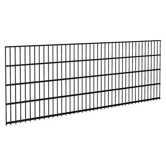 FA-Bausysteme Mattenzaun Basic 6/5/6 mm - 200,8 x 83 cm, Anthrazit - Ansicht eines dreidimensionalen, schwarzen Doppelstabmattenzauns auf schwarzem Hintergrund, der für Sicherheit und Privatsphäre sorgt.