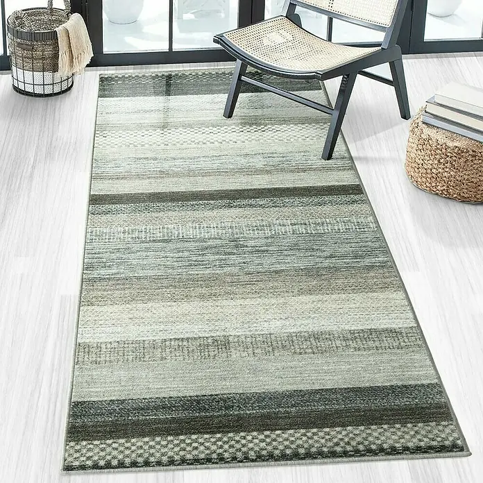 Teppichläufer Naxos - Anthrazit, 400 x 80 cm, 100 % Polyamid - Ein gestreifter Teppich in Grau- und Blautönen mit einem modernen Design, der jedem Raum eine stilvolle Note verleiht.