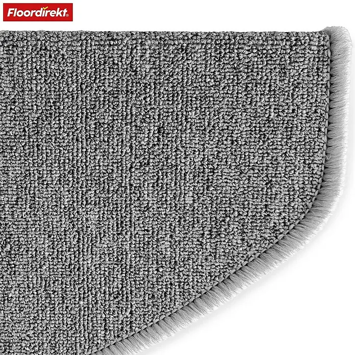 Stufenmatte London - 65 x 25 cm, Grau, Halbrund - Nahaufnahme eines grauen Teppichs mit OEKO-TEX-Zertifizierung, der hochwertige Materialien und Schadstofffreiheit verspricht.
