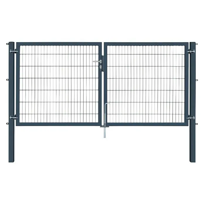 FA-Bausysteme Zauntor Industrietor - 3 x 1,4 m, Stahl, Anthrazit, 2-Flügel, Drahtstärke 6/5/6 mm - Bild eines grauen Metalltor mit Gitterstruktur, das für Sicherheit und Schutz im Außenbereich konzipiert ist und durch robuste Bauweise überzeugt.