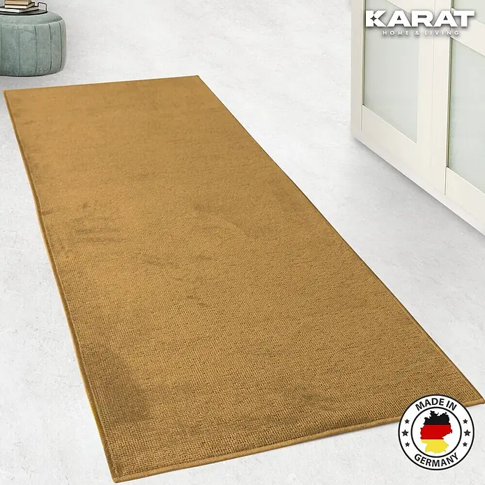 Teppichläufer Azade - Beige, 250 x 80 cm, 65 % Baumwolle, 35 % Polyester - Ein goldener Badteppich aus der Nähe mit den Siegeln OEKO-TEX® und Made in Germany, ideal für jedes Badezimmer.