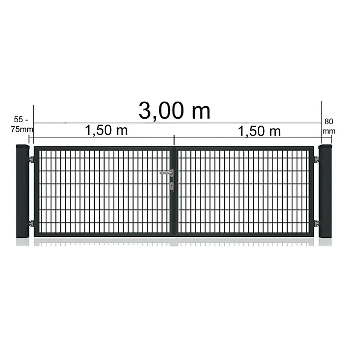 FA-Bausysteme Zauntor Vollrahmen - 3 x 2 m, Stahl, Moosgrün, 2-Flügel - Darstellung eines Doppeltors mit den Maßen 3,00 m Breite, 1,50 m pro Torflügel, Pfosten 55-75 mm und 80 mm.