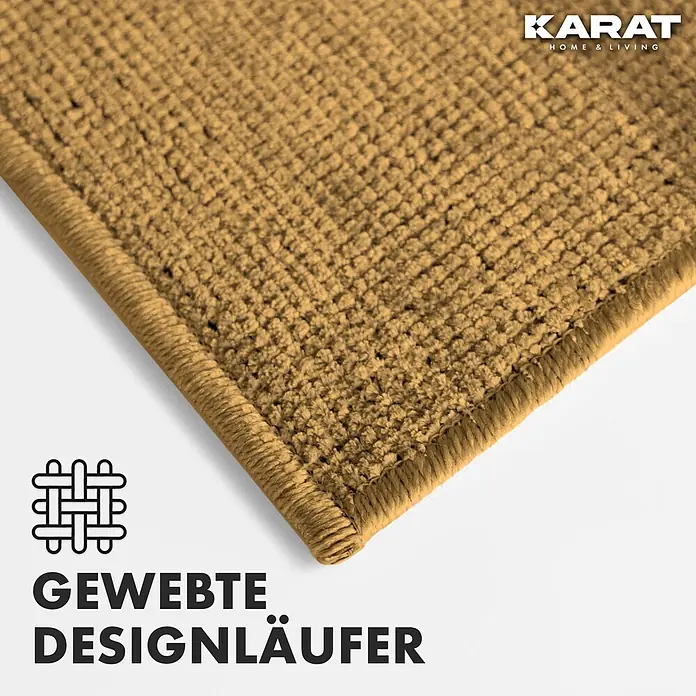 Teppichläufer Azade - Beige, 250 x 80 cm, 65 % Baumwolle, 35 % Polyester - Detailaufnahme eines beigefarbenen „KARAT Home & Living“ Designläufers mit gewebter Textur und sauberer Umrandung.