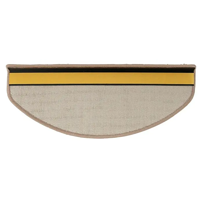Stufenmatte Shaggy - 65 x 23,5 cm, Beige, Halbrund - Halbmondförmige, beigefarbene Teppichstufe mit brauner Kante, einer schwarzen Rückseite und einem gelben Klebestreifen für sicheren Halt.