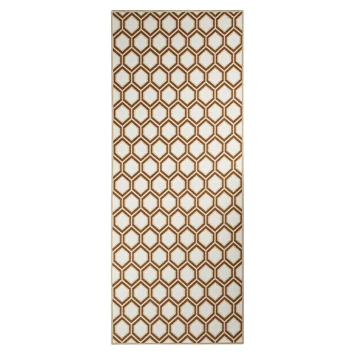 Teppichläufer Cardiff - Braun/Beige, 250 x 80 cm, 100 % Polyamid - Teppich mit einem geometrischen Muster aus sechseckigen Formen in den Farben Braun und Weiß. Der Teppich hat eine rechteckige Form.