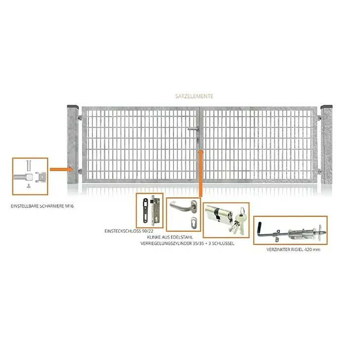 FA-Bausysteme Zauntor Vollrahmen - 2 x 1,4 m, Stahl, Zink, 2-Flügel - Tor-Set Elemente: Verstellbare Scharniere M16, Einsteckschloss 90/22, Edelstahlklinke, Verriegelungszylinder 35/35 + 3 Schlüssel, verzinkter Riegel 420 mm.