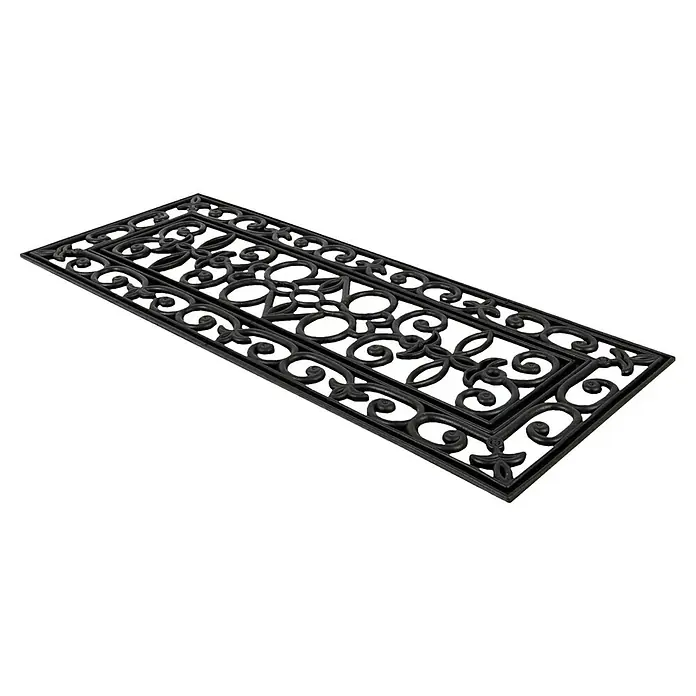 Stufenmatte Colo - 65 x 25 cm, 100 % Gummi, Schwarz - Ein detailreicher, schwarzer Fußabtreter mit einem filigranen Muster, ideal für den Eingangsbereich, um Schmutz effektiv zu entfernen und stilvoll zu wirken.