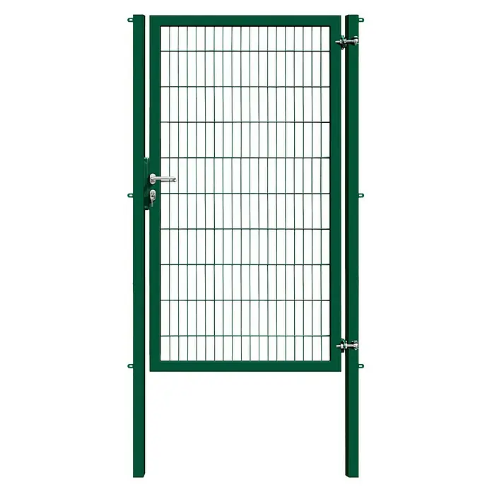 FA-Bausysteme Zauntor Industrietor - 1,2 x 2 m, Stahl, Moosgrün, 1-Flügel, Drahtstärke 6/5/6 mm - Grünes Metalltor mit Gittermuster und Griff. Das Tor ist stabil gebaut und eignet sich ideal für den Außenbereich, um Bereiche abzugrenzen.