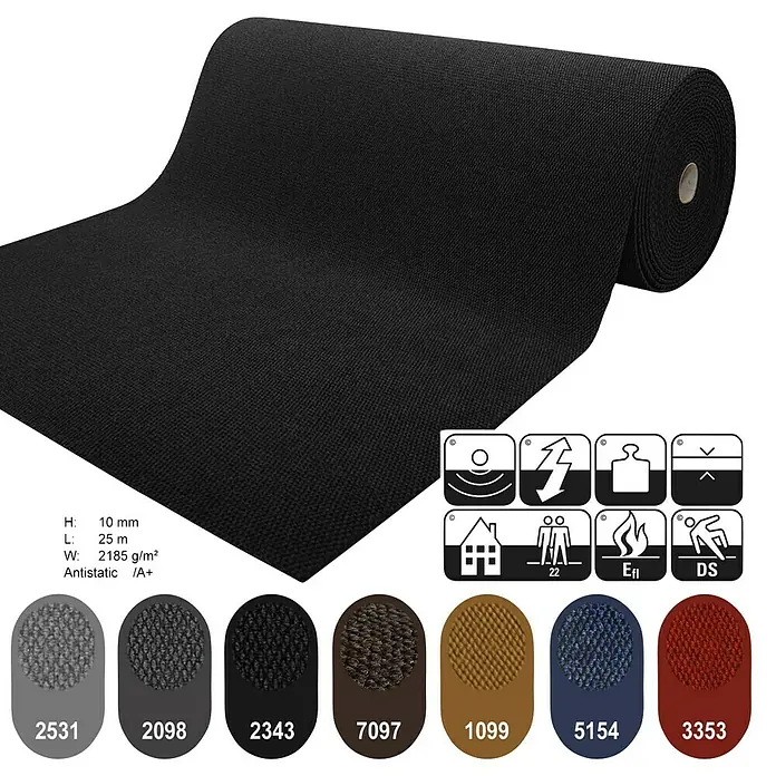 Schmutzfangmatte Hong Kong - Schwarz, 1.100 x 200 cm, 100 % Polypropylen - Rolle schwarzer Teppichboden mit verschiedenen Farbmustern und zugehörigen Symbolen, die Produkteigenschaften hervorheben.