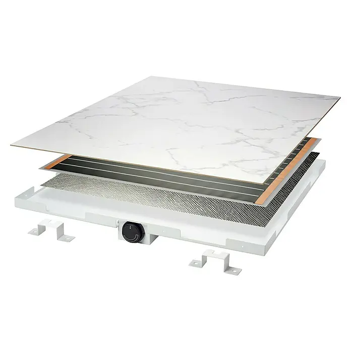 Jollytherm Calentador cerámico por infrarrojos - An x Al: 600 x 1.200 mm, 1.100 W, Blanco, gris - Vista explosionada de un sistema de calefacción modular con varias capas para un calor eficiente y fácil instalación.