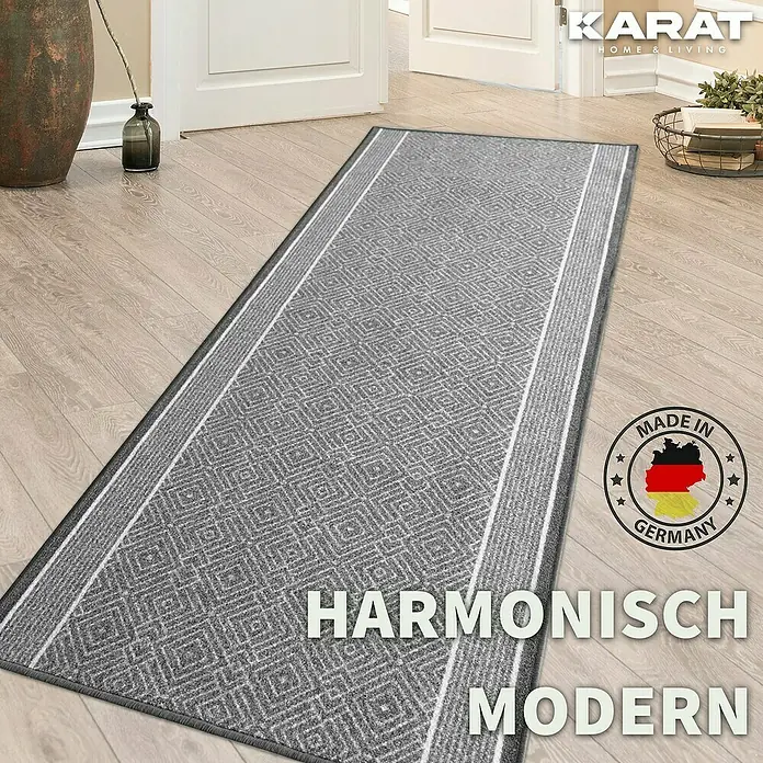 Teppichläufer Olymp - Silber, 250 x 80 cm, 100 % Polyamid - Grauer Läufer mit modernem, geometrischem Muster. Passt ideal in jeden Raum und bietet Komfort.\n