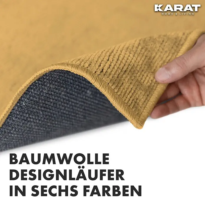 Teppichläufer Azade - Beige, 250 x 80 cm, 65 % Baumwolle, 35 % Polyester - Nahaufnahme eines Karat Baumwoll-Designläufers in Senfgelb, der die Textur und Qualität des Materials zeigt.