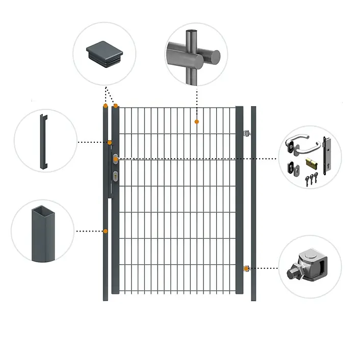 FA-Bausysteme Zauntor Halbrahmen - 0,92 x 1,6 m, Stahl, Anthrazit, 1-Flügel - Abbildung eines Zauntors mit Details wie Griff, Schloss und Verbindungselementen. Ideal für Garten- und Grundstückseinzäunung.