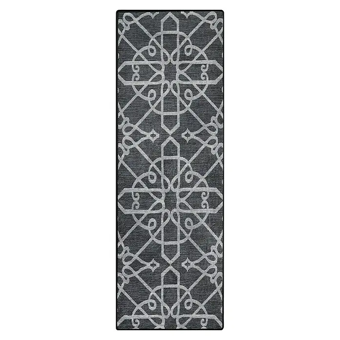 Teppichläufer Navelli - Schwarz, 150 x 80 cm, 100 % Polyamid - Elegantes graues Dekokissen mit einem komplizierten, verschlungenen Muster in Silber, das jedem Raum einen Hauch von Raffinesse verleiht.