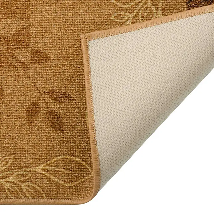 Teppichläufer Akzent - Beige, 150 x 67 cm, 100 % Polyamid - Nahaufnahme eines Teppichs mit floralem Muster und rutschfester Rückseite, ideal für zusätzliche Sicherheit auf glatten Böden.