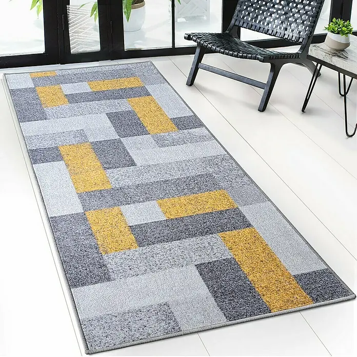 Teppichläufer New York - Gelb, 250 x 80 cm, 100 % Polyamid - Moderner grauer und goldener Teppich mit geometrischem Muster, ideal für jeden Raum.