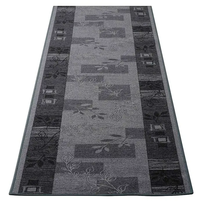 Teppichläufer Akzent - Grau, 100 x 67 cm, 100 % Polyamid - Grauer Teppichläufer mit floralem Muster und rechteckigen Akzenten, ideal für Flure und Eingangsbereiche.