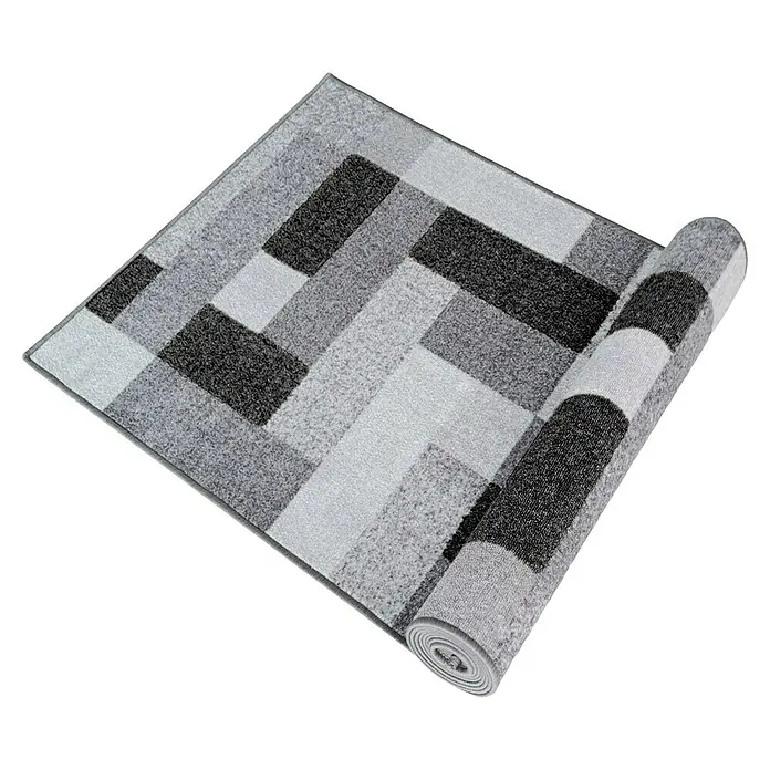 Teppichläufer New York - Anthrazit, 400 x 80 cm, 100 % Polyamid - Gerollter Teppich mit modernem geometrischem Muster in Grau- und Schwarztönen, ideal für stilvolle Akzente im Wohnbereich.