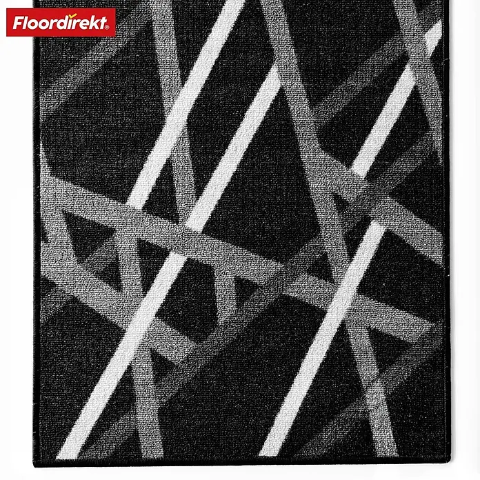 Teppichläufer Printed - Schwarz/Grau, 450 x 67 cm, 100 % Polyamid - Ein quadratischer Teppich mit abstraktem Linienmuster in Schwarz-, Grau- und Weißtönen. Zertifiziert mit dem OEKO-TEX Label für Schadstofffreiheit.