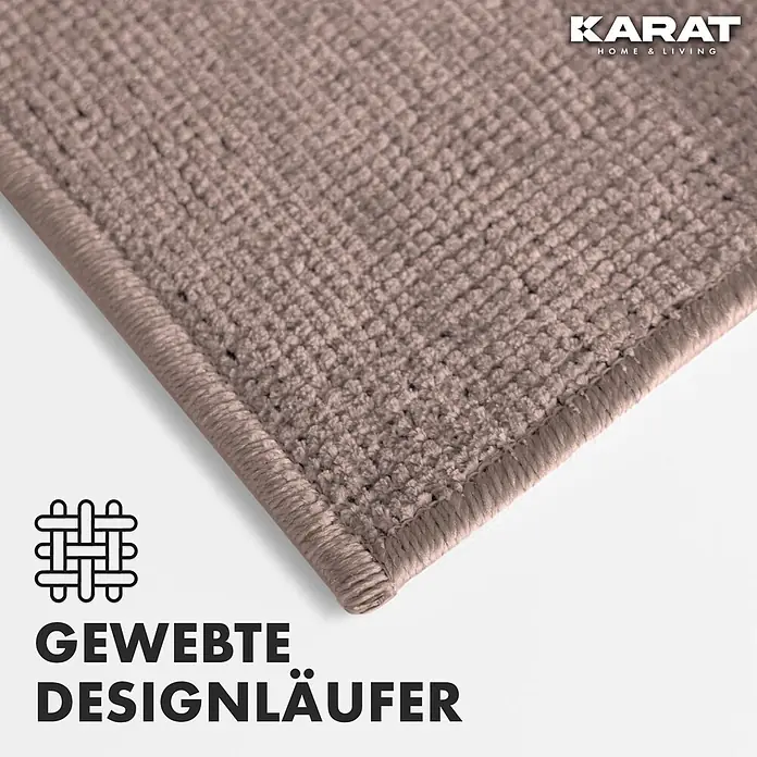 Teppichläufer Azade - Braun, 200 x 80 cm, 65 % Baumwolle, 35 % Polyester - Detailaufnahme eines beigefarbenen "Karat Home & Living" Designläufers mit gewebter Textur und umlaufender Bordüre.