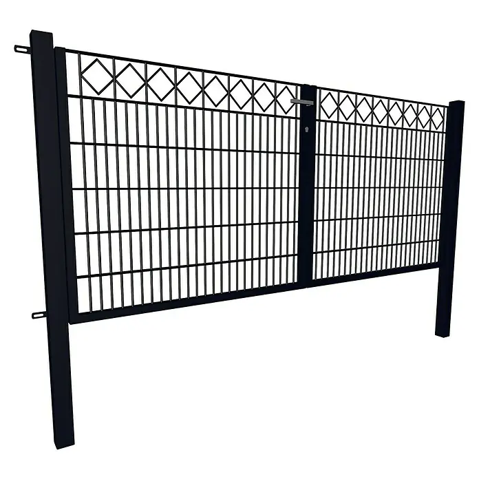 FA-Bausysteme Zauntor Decor Karo - 3 x 0,8 m, Stahl, Anthrazit, 2-Flügel - Hier ist ein Bild eines modernen Metallzauns mit dekorativen Elementen, der einen eleganten und sicheren Abschluss für jedes Grundstück bietet.