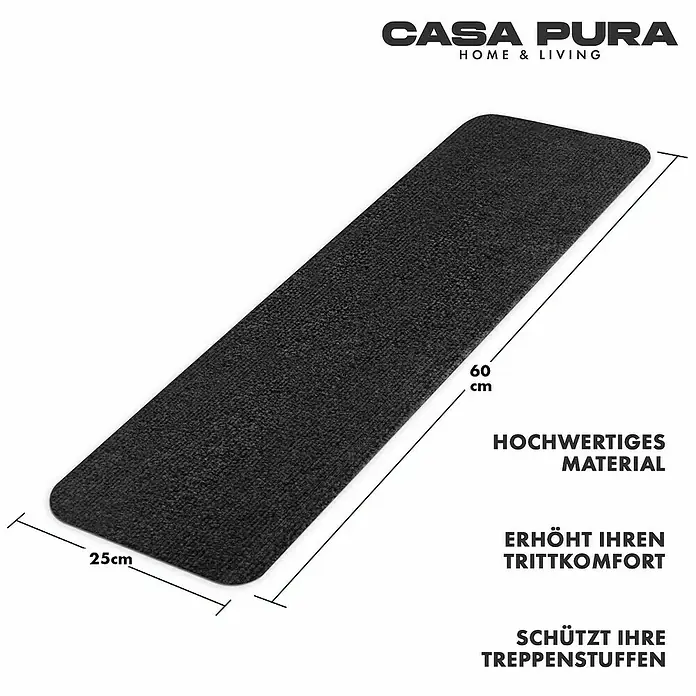Stufenmatte Leipzig - 60 x 25 cm, 100 % Polypropylen, Anthrazit - Bild einer schwarzen Casa Pura Treppenmatte (60 x 25 cm) mit abgerundeten Ecken für den Innenbereich.