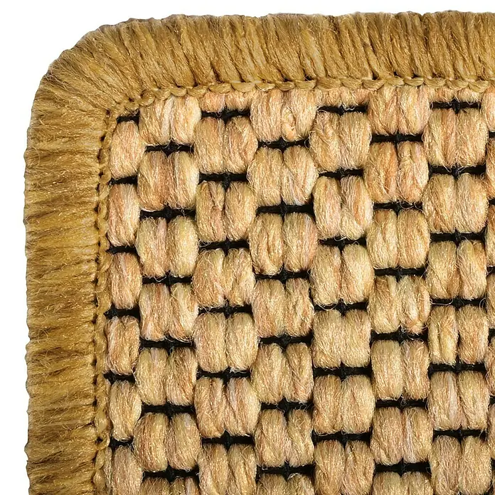 Flachgewebeteppich Kalkutta - Natur, 100 x 100 cm, 83 % Polypropylen, 17 % Naturfaser - Nahaufnahme eines Teppichs mit einem gewebten Muster und einer braunen Bordüre, der Textur und Handwerkskunst hervorhebt.