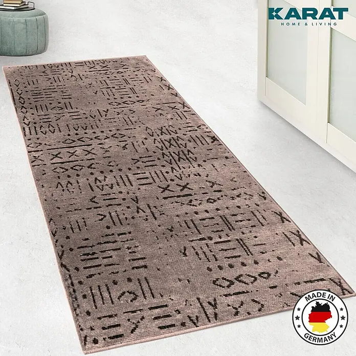 Teppichläufer Vena - Braun, 450 x 80 cm, 65 % Baumwolle, 35 % Polyester - Ein dekorativer Läufer mit abstraktem Muster in Braun und Schwarz, ideal für moderne Wohnräume.