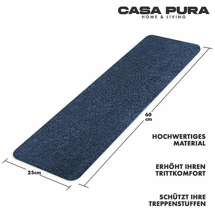 Stufenmatte Leipzig - 60 x 25 cm, 100 % Polypropylen, Blau - Produktbild einer dunkelblauen Casa Pura Treppenmatte mit den Maßen 60x25 cm.