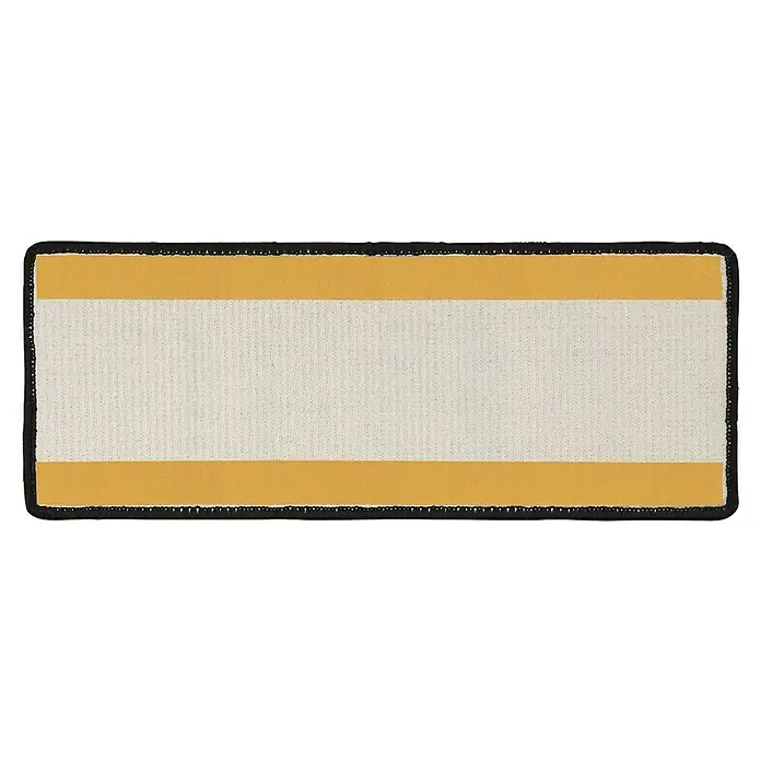 Stufenmatte Sisal - 65 x 23,5 cm, 100 % Sisal, Schwarz - Rechteckiger Aufnäher mit cremefarbenem Hintergrund, goldfarbenen Streifen und schwarzem Rand für Kleidung und Accessoires.