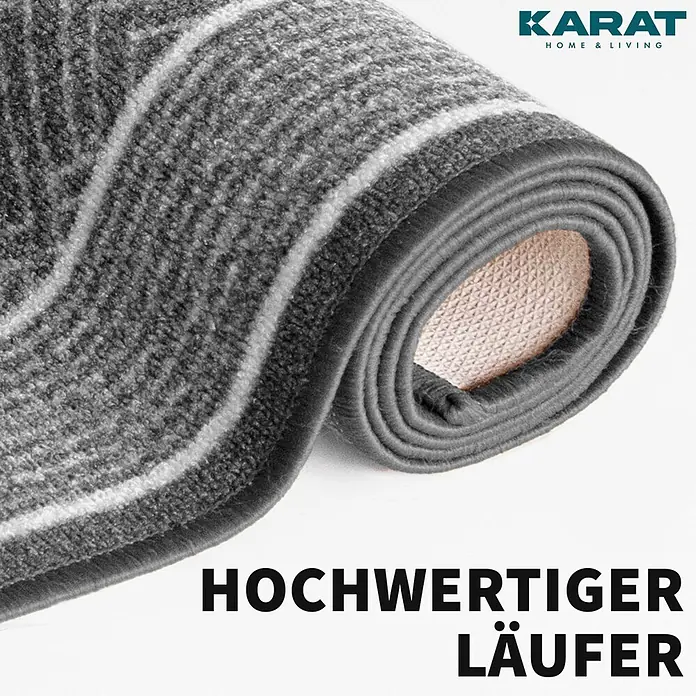 Teppichläufer Olymp - Silber, 250 x 80 cm, 100 % Polyamid - Hochwertiger grauer Läufer mit weißen Streifen, zusammengerollt präsentiert, mit OEKO-TEX Siegel.