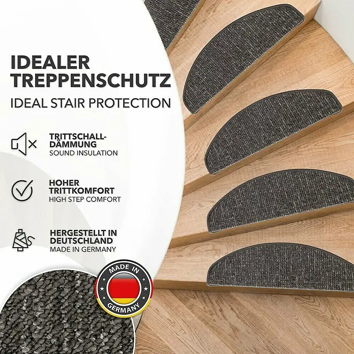 Stufenmatte Alto - 65 x 23,5 cm, Anthrazit, Halbrund - Bild von Treppenschützern mit Text, der die Eigenschaften des Produkts hervorhebt: Trittschalldämmung, Komfort und Herstellung in Deutschland.