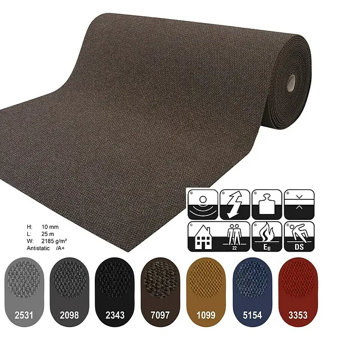 Schmutzfangmatte Hong Kong - Braun, 1.100 x 200 cm, 100 % Polypropylen - Bild eines Teppichs in Rollenform, verschiedene Farboptionen und Symbole zur Produktinformation.