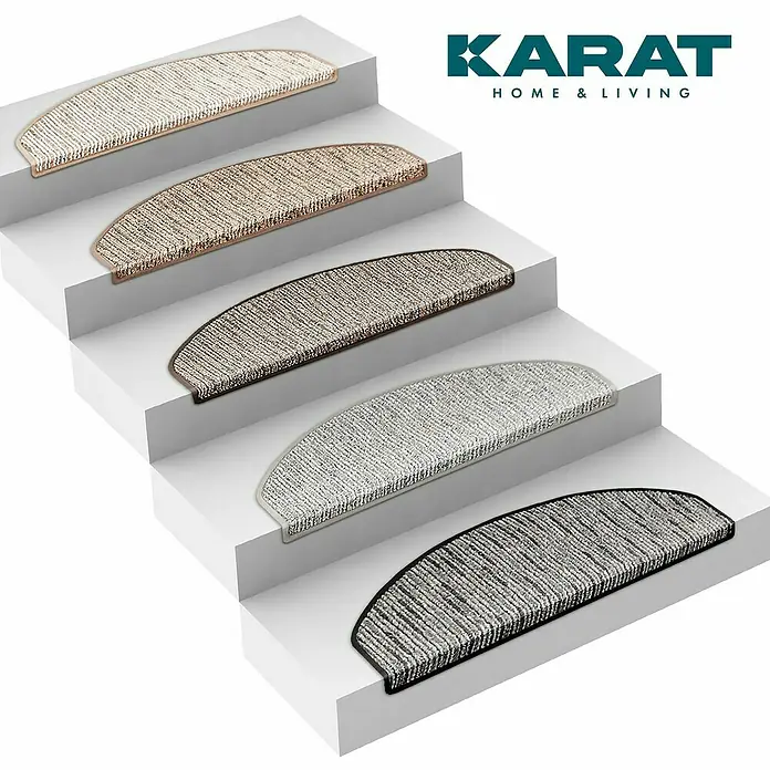 Stufenmatte Geneva - 65 x 23,5 cm, Braun, Halbrund - Teppichstufen in verschiedenen Farben auf einer Treppe.