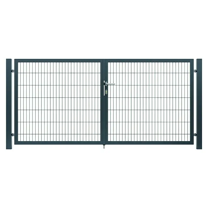 FA-Bausysteme Zauntor Vollrahmen - 4,5 x 1 m, Stahl, Anthrazit, 2-Flügel - Ansicht eines modernen, grauen Doppeltors mit Metallgitter, ideal für Sicherheit und stilvolles Design im Außenbereich.