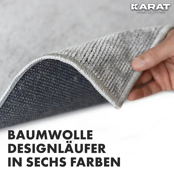 Teppichläufer Azade - Silber, 200 x 80 cm, 65 % Baumwolle, 35 % Polyester - Nahaufnahme eines Baumwoll-Designläufers in sechs Farben von Karat Home & Living, der die Textur und Verarbeitung zeigt.