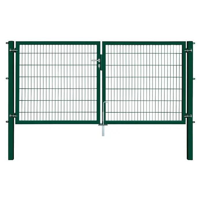 FA-Bausysteme Zauntor Industrietor - 3 x 1,4 m, Stahl, Moosgrün, 2-Flügel, Drahtstärke 6/5/6 mm - Doppelflügeltor aus grünen Metall, ideal als Gartentor oder Zauntor, bietet einen sicheren und stilvollen Zugang zum Grundstück.