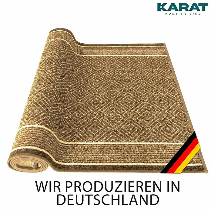 Teppichläufer Olymp - Beige, 250 x 80 cm, 100 % Polyamid - Brauner Läufer mit geometrischem Muster und deutscher Flagge.