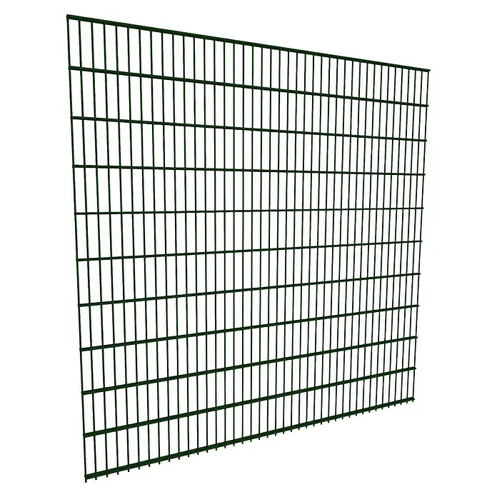FA-Bausysteme Mattenzaun Basic 6/5/6 mm - 200,8 x 200 cm, Moosgrün - Das Bild zeigt einen grünen Doppelstabmattenzaun vor einem dunklen Hintergrund, der Stabilität und Sicherheit vermittelt.