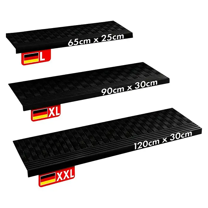 Stufenmatte Dia - 120 x 30 cm, 100 % Gummi, Schwarz - Verschiedene Größen der Kofferraummatten L, XL und XXL mit Angaben zu den Abmessungen.