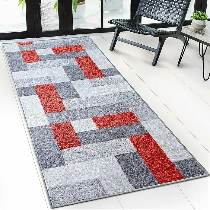 Teppichläufer New York - Rot, 250 x 80 cm, 100 % Polyamid - Grauer Teppich mit roten Akzenten und modernem geometrischen Muster, ideal für Wohnräume.