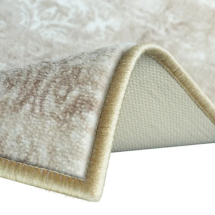 Teppichläufer Davoli - Beige, 400 x 80 cm, 100 % Polyamid - Nahaufnahme eines Teppichs mit beigem Rand und Muster.