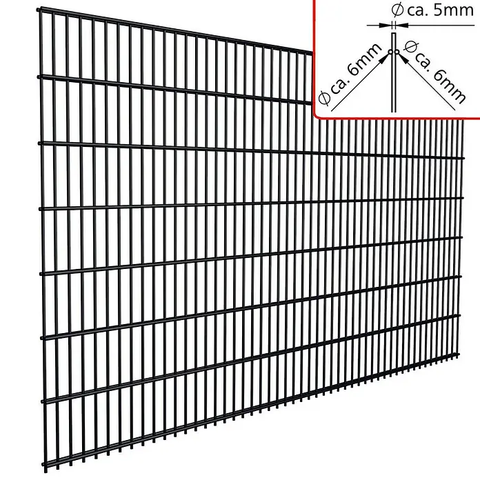 FA-Bausysteme Mattenzaun 6/5/6 mm - 250,8 x 180 cm, Zink - Abbildung eines schwarzen Doppelstabmattenzauns mit detaillierten Maßangaben.