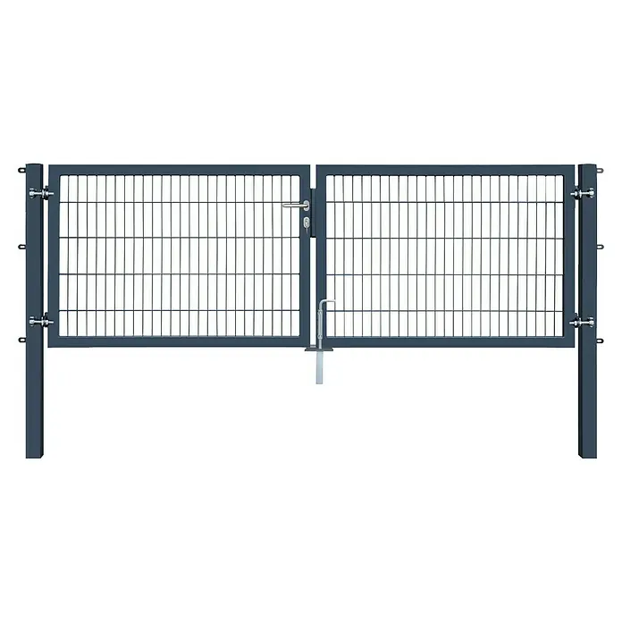 FA-Bausysteme Zauntor Industrietor - 3 x 1 m, Stahl, Anthrazit, 2-Flügel, Drahtstärke 8/6/8 mm - Eine graue Metallgittertür mit Griff und Riegel vor einem dunklen Hintergrund. Die Gittertür bietet Sicherheit und Schutz.