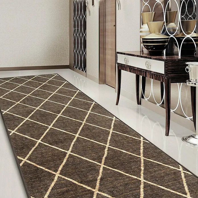 Teppichläufer Cosenza - Braun, 200 x 80 cm, 100 % Polyamid - Brauner Läufer mit Rautenmuster für den Flur. Der Teppich hat ein elegantes Design und ist ein Blickfang.