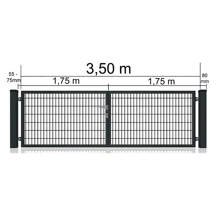 FA-Bausysteme Zauntor Vollrahmen - 3,5 x 1,6 m, Stahl, Moosgrün, 2-Flügel - Abbildung eines Doppeltors aus Metall mit Maßangaben. Das Tor ist schwarz und hat eine Breite von 3,50 m mit Zaunfeldern von je 1,75 m.